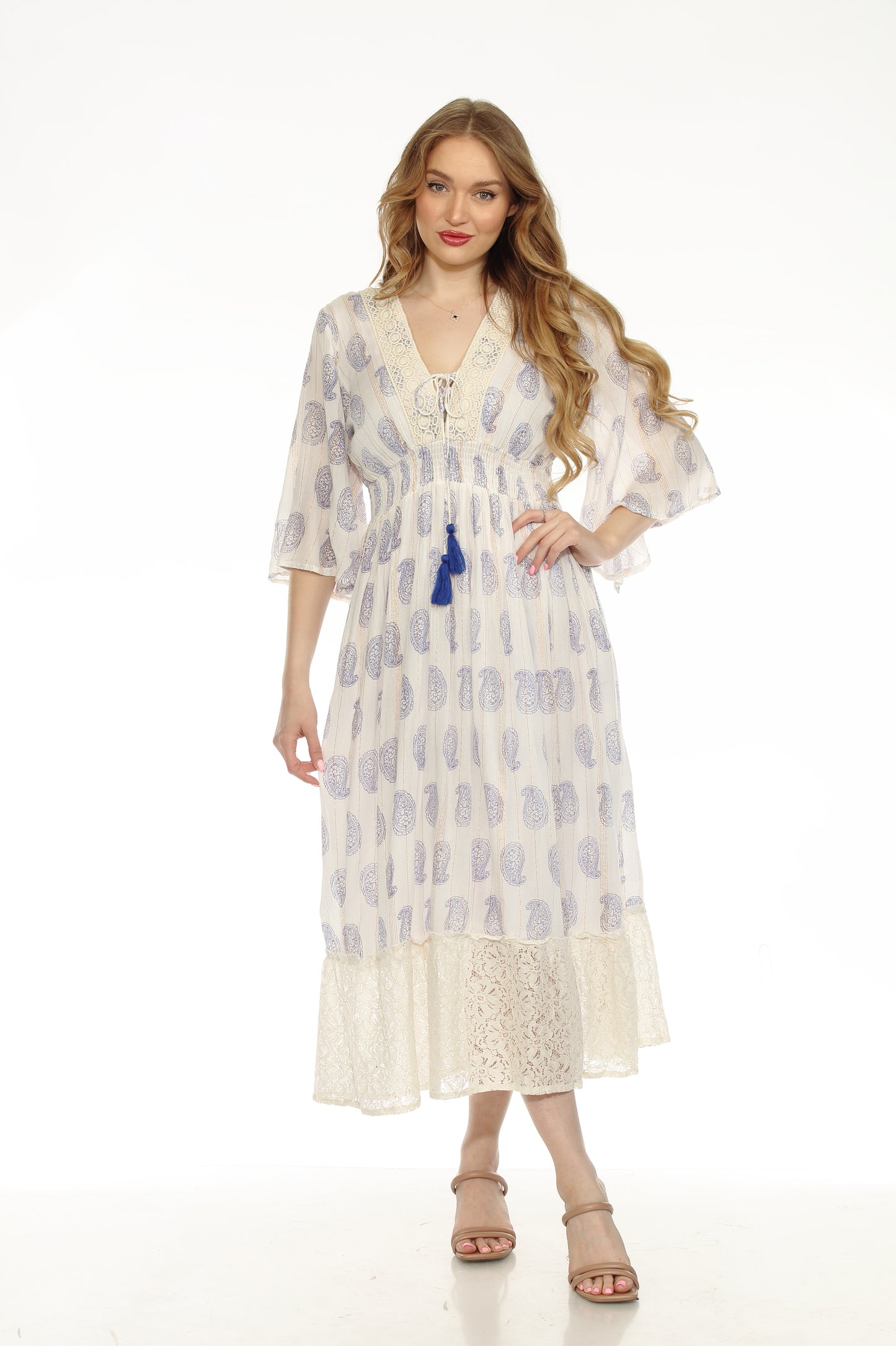 Women's Maxi Summer V Neck Cotton Dress Blue and White
