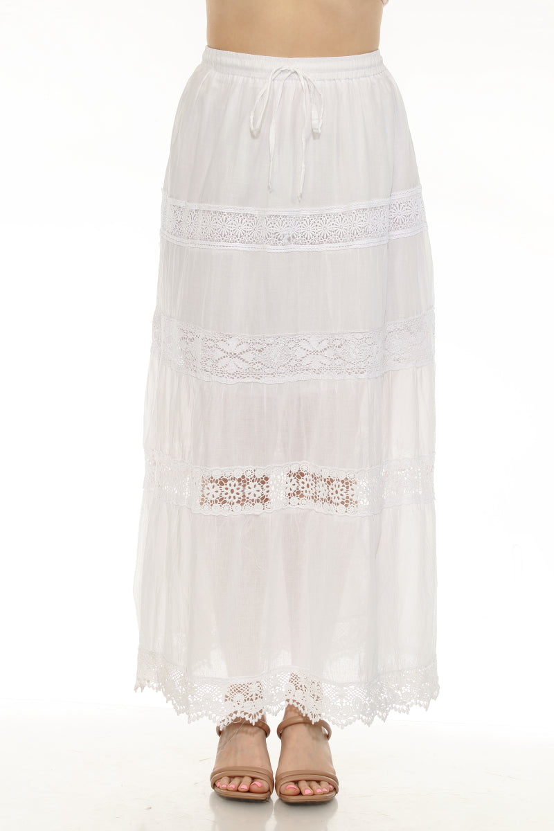 Women's 100% Cotton White Skirt Embroidery and Lace Detailed