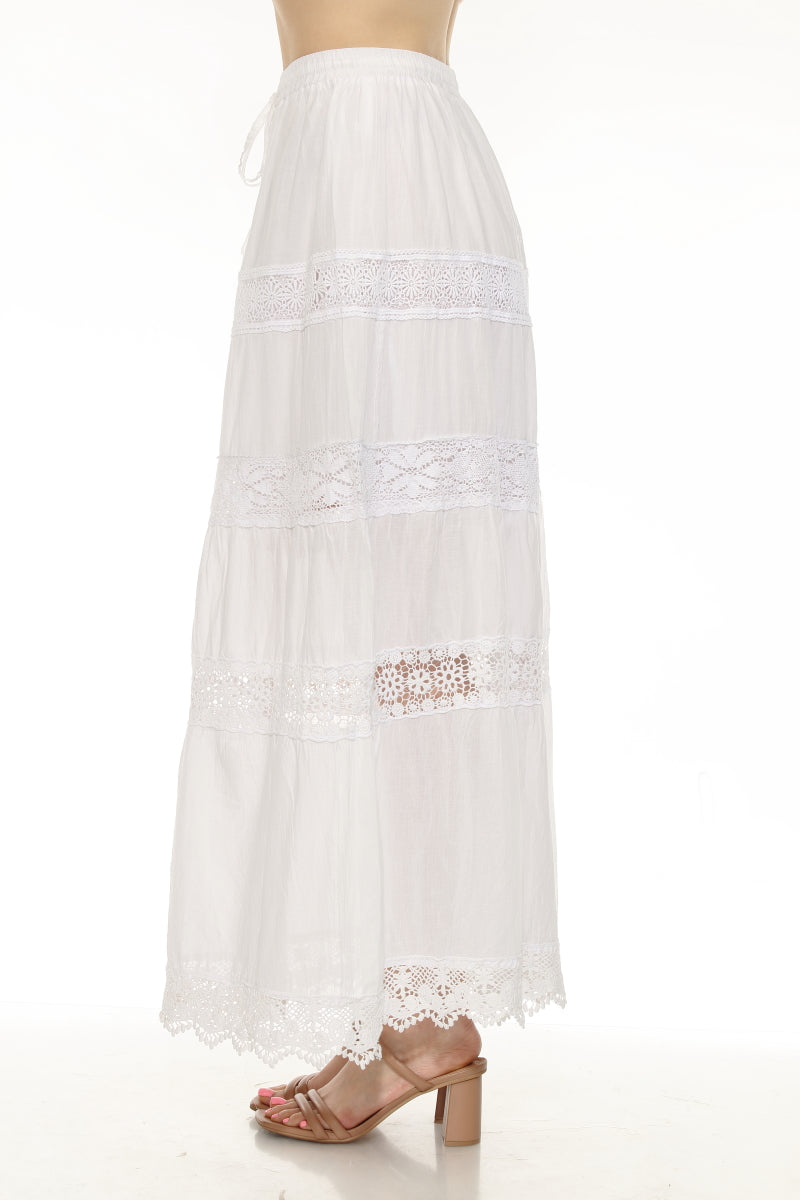 Women's 100% Cotton White Skirt Embroidery and Lace Detailed