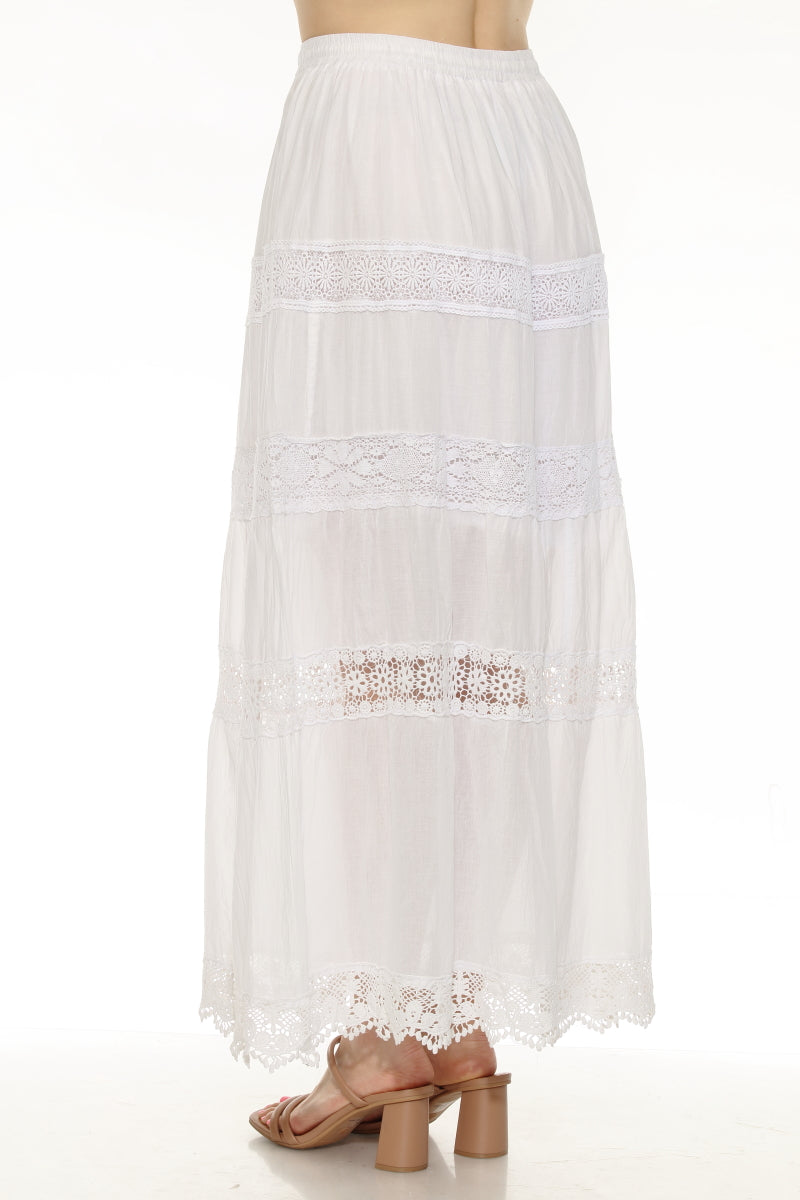 Women's 100% Cotton White Skirt Embroidery and Lace Detailed
