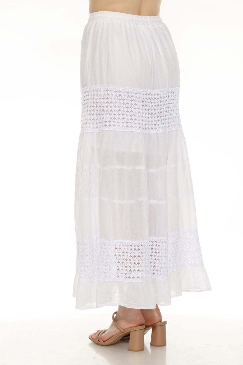 Women's 100% Cotton White Skirt With Built-In Lining Embroidery and Lace Detailed White Maxi Summer Skirt S-272