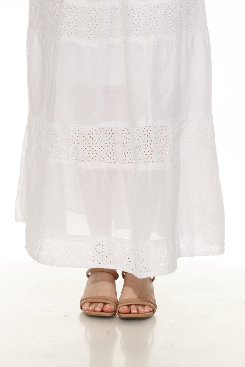 Women's 100% Cotton White Skirt Embroidery and Lace Detailed S-550