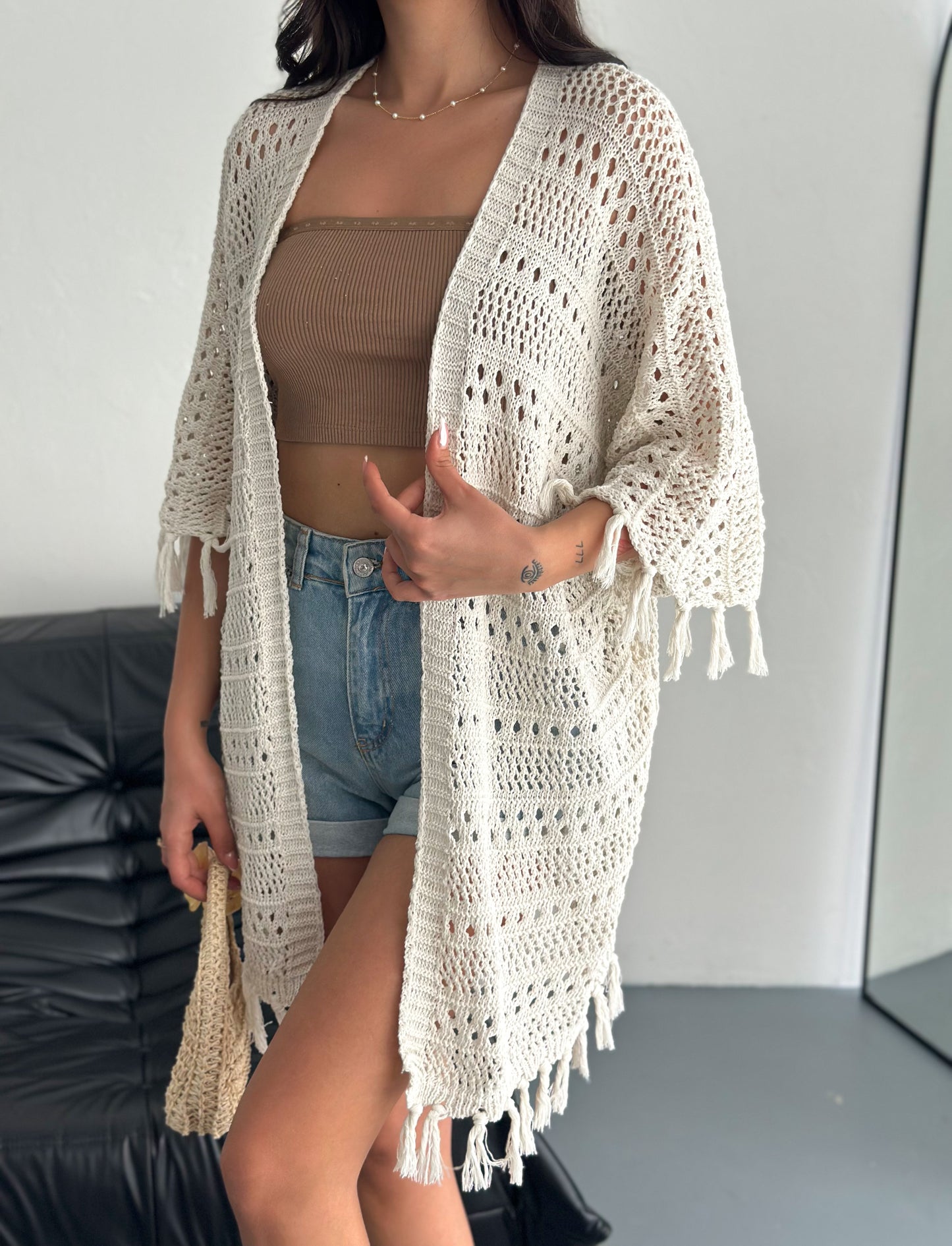 Women's Beige Batwing Sleeve Knit Cardigan Hollow Out Knit Seasonal Cardigan 1485
