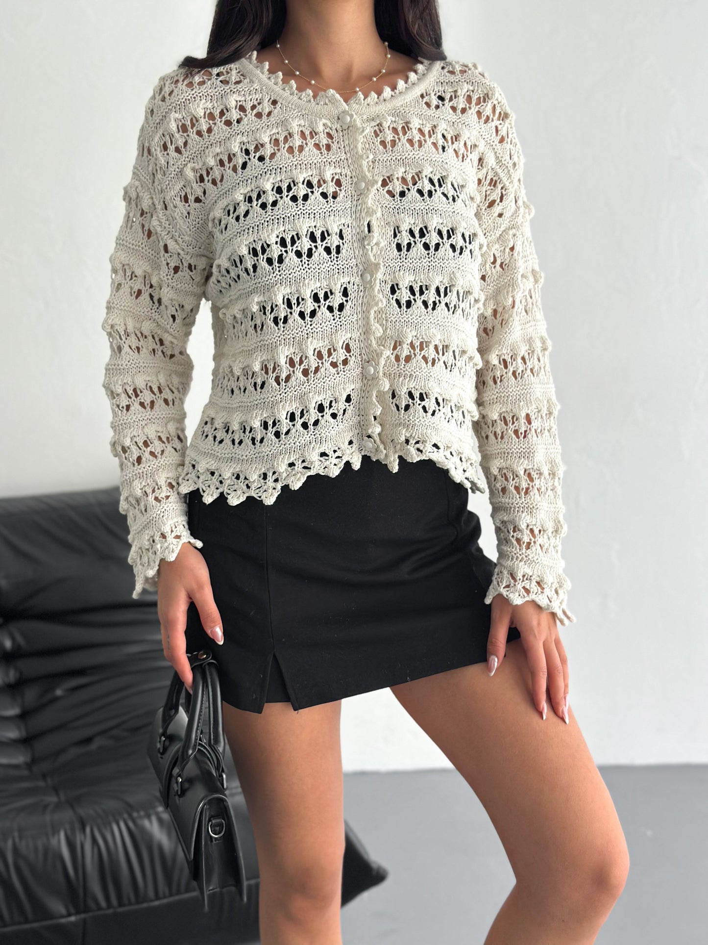 Women's Beige Openwork Seasonal Knit Cardigan with Floral Buttons