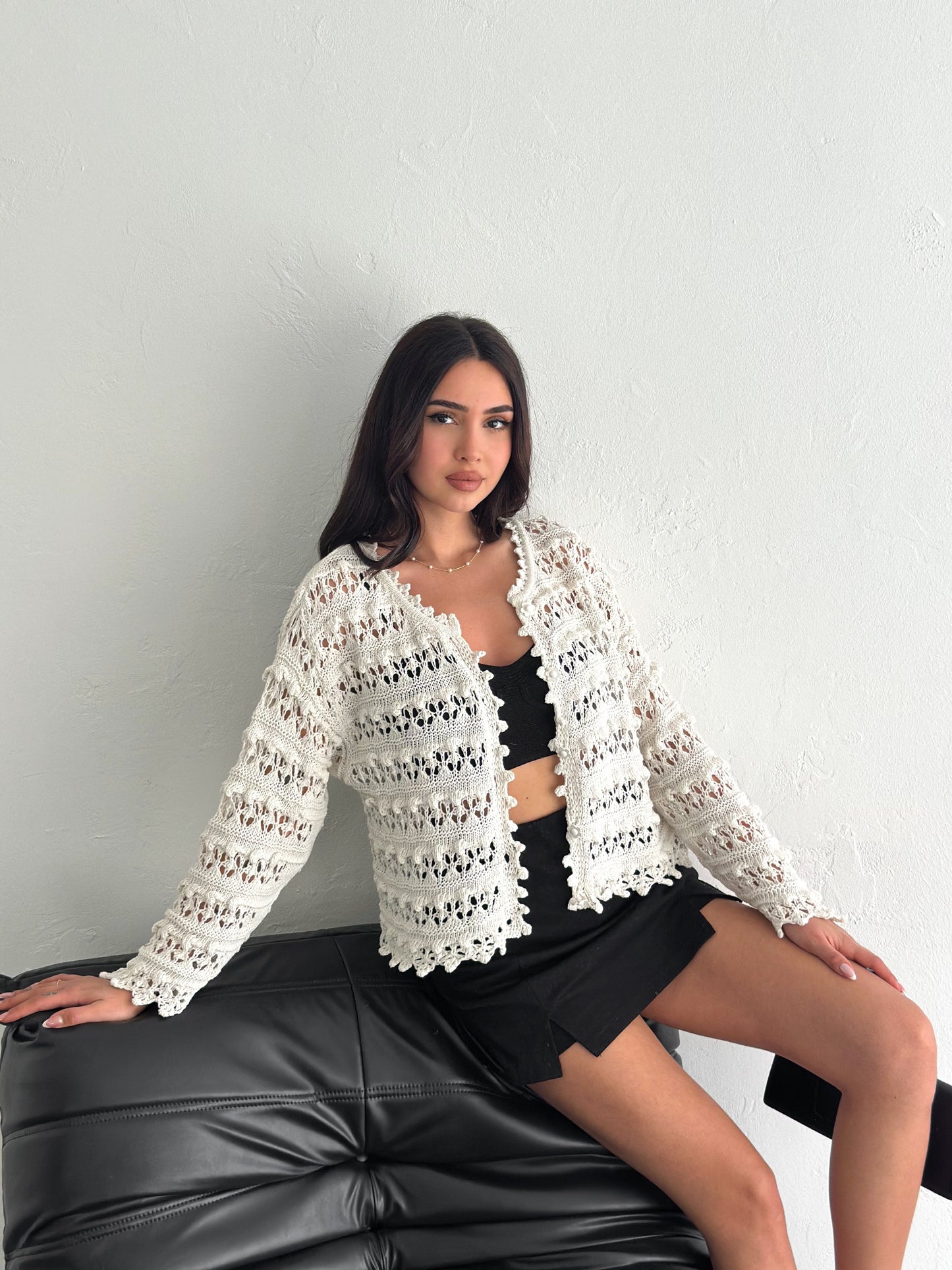 Women's Beige Openwork Seasonal Knit Cardigan with Floral Buttons