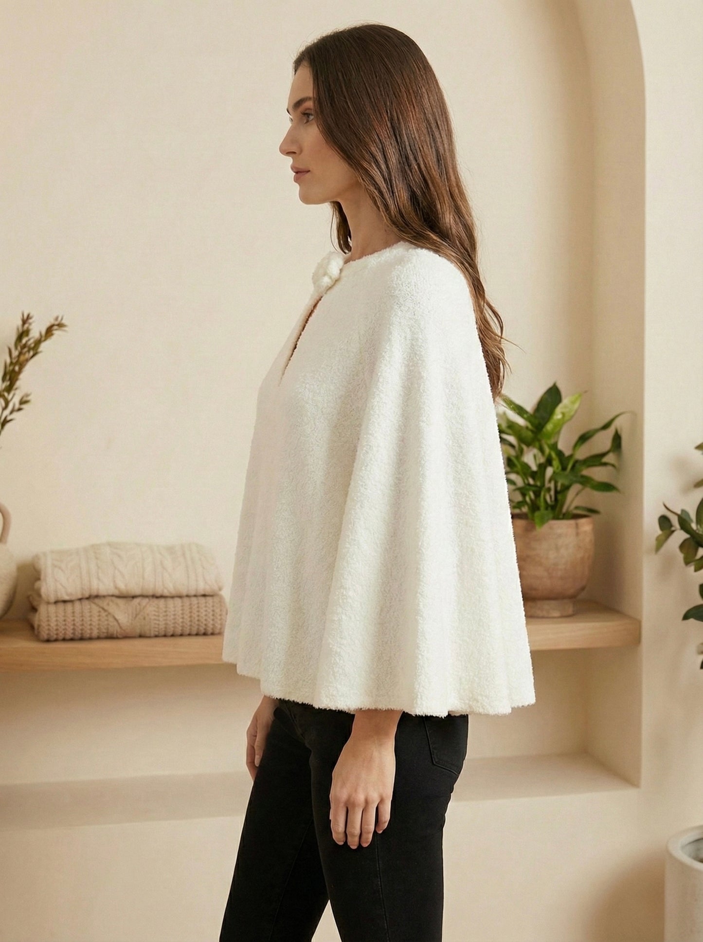 Women's Soft Bouclé Knit Poncho Top White Knit Poncho