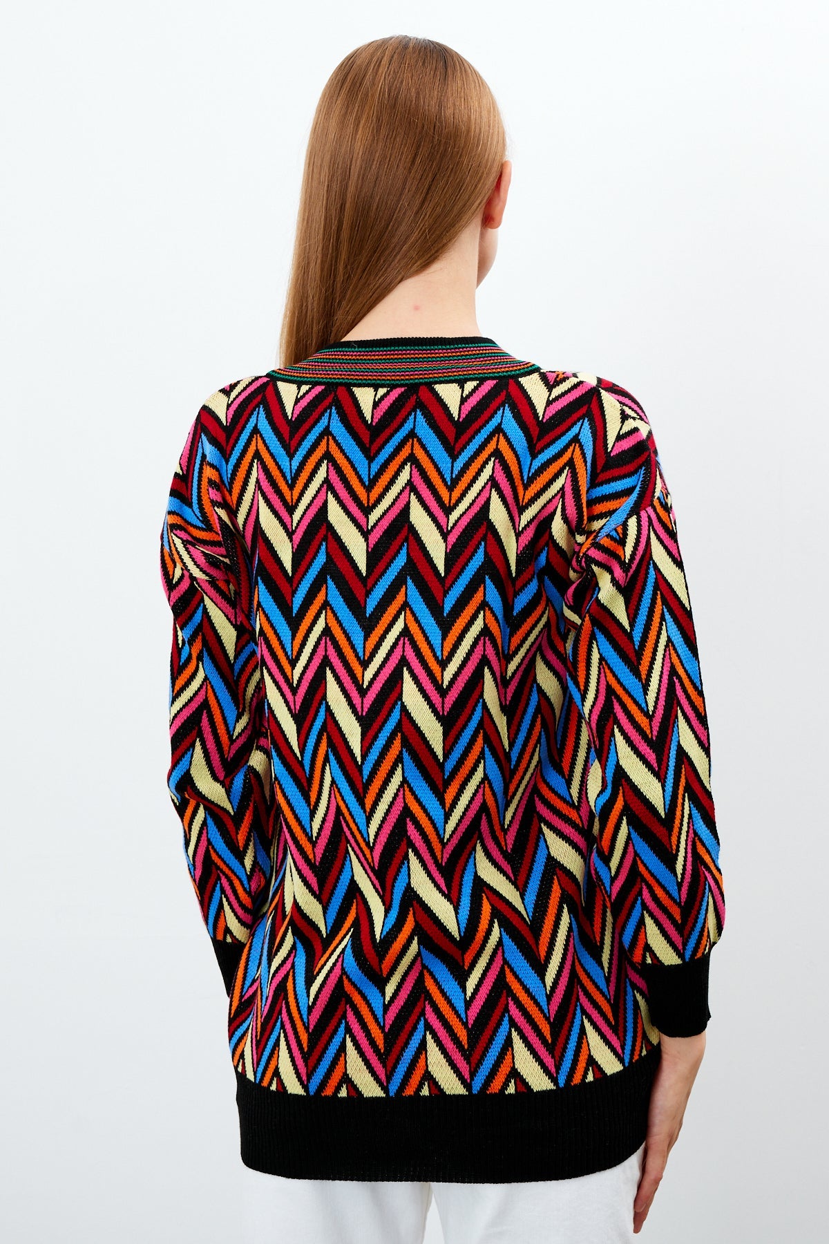 V Neck Oversized Sweater Stripe Patterned - SKU: 1208