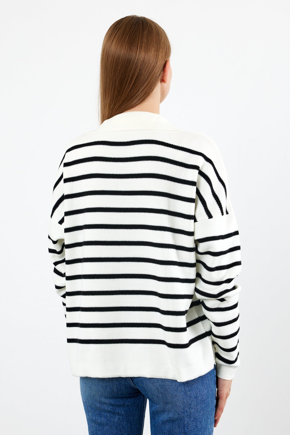 Knit Polo Neck Top V Neck Striped Knit Sweater - SKU: 1038