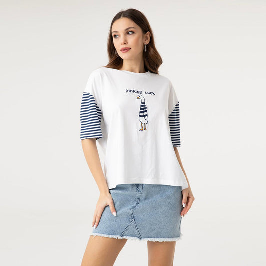 Garnished Stripe Embroidery T-Shirt 31285