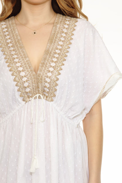 Women's 100% Cotton White and Gold Maxi Summer Dress With Built-In Lining Women's 100% Cotton White and Gold Maxi Summer Dress With Built-In Lining