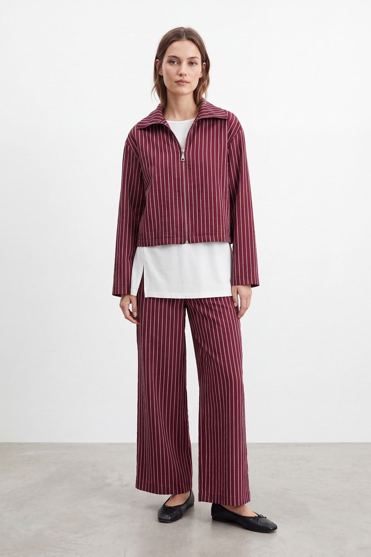 Women's Zip Collar Striped Basic Set