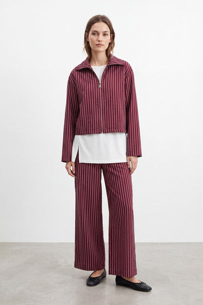 Women's Zip Collar Striped Basic Set
