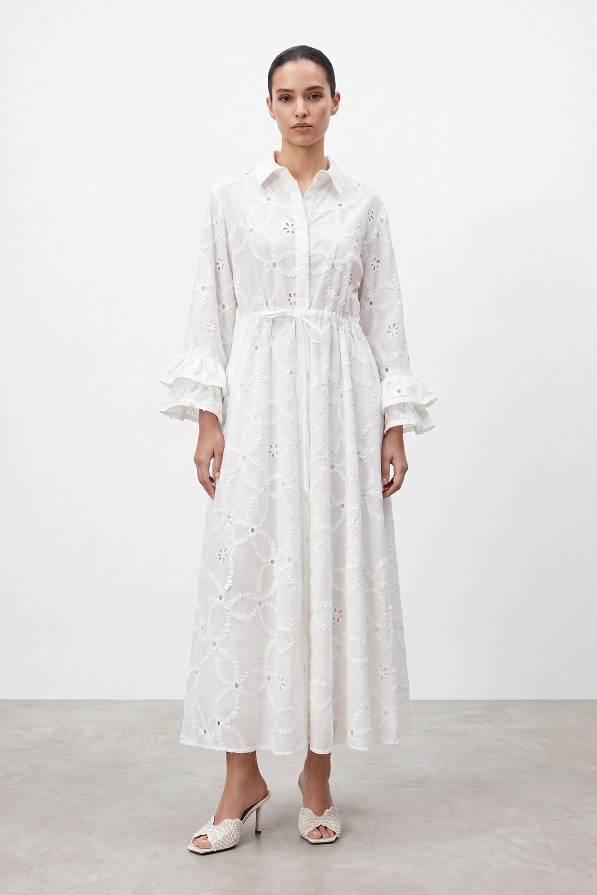 Women's Embroidered Sleeve Detail Long Dress - 32519ELB - Ecru