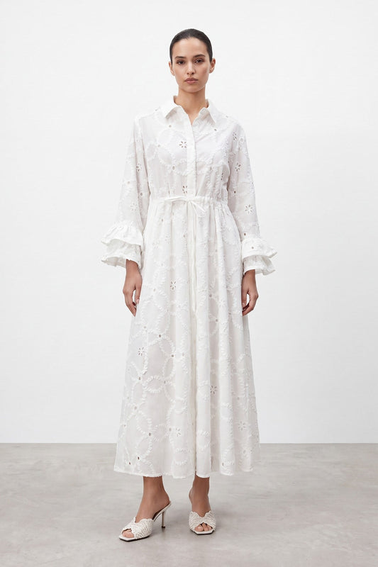 Women's Embroidered Sleeve Detail Long Dress - 32519ELB - Ecru