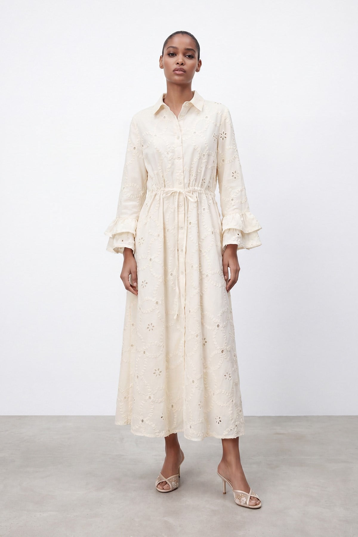 Women's Embroidered Sleeve Detail Long Dress - 32519ELB - Stone