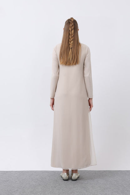 Women's Chiffon Detail Long Dress - Beige