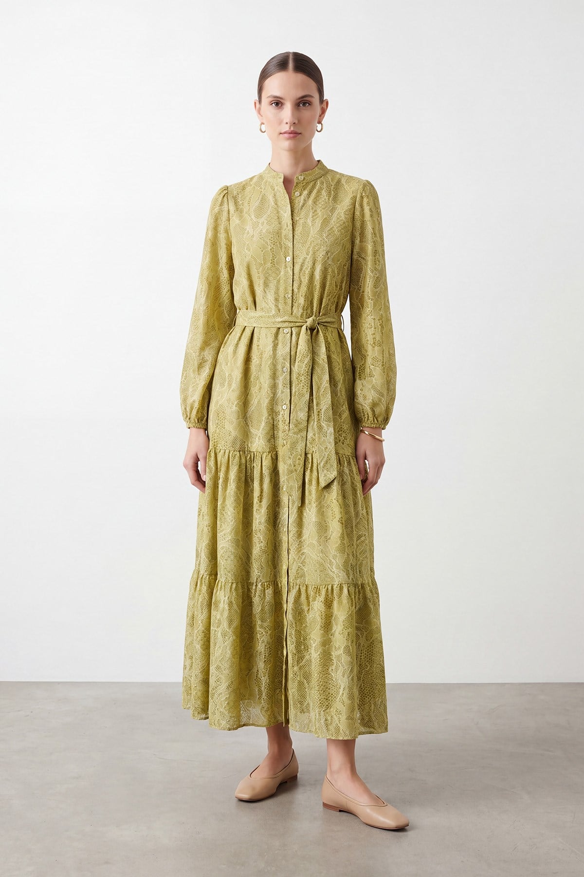 Women's Exotic Print Belted Long Dress - 26S-12685ELB - Olive
