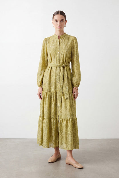 Women's Exotic Print Belted Long Dress - 26S-12685ELB - Olive