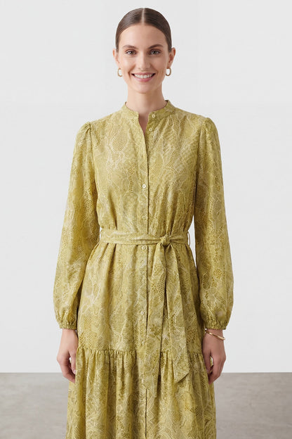Women's Exotic Print Belted Long Dress - 26S-12685ELB - Olive