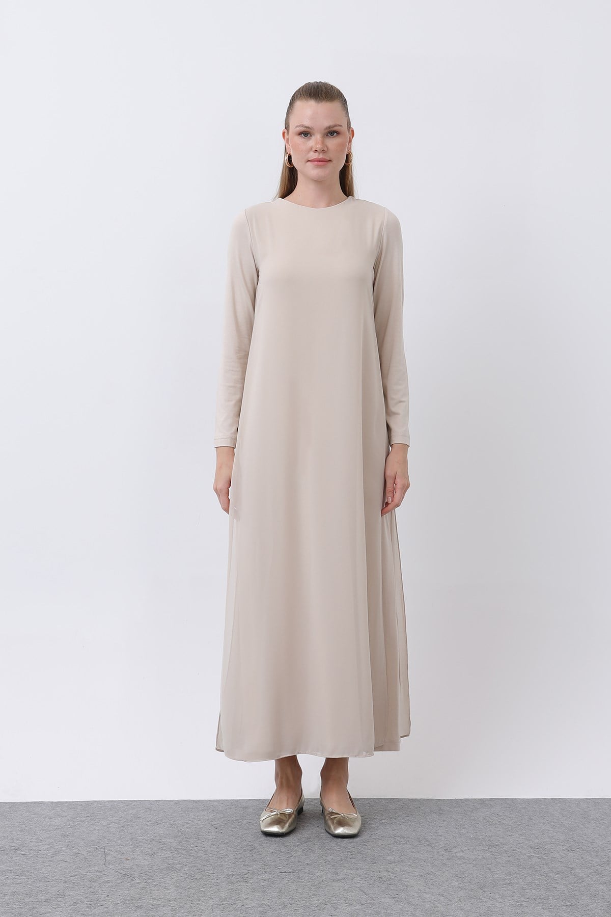 Women's Chiffon Detail Long Dress - Beige
