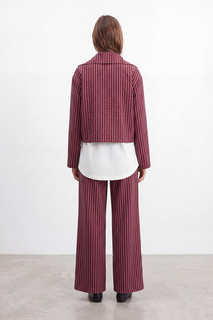 Women's Zip Collar Striped Basic Set - Burgundy-Ecru