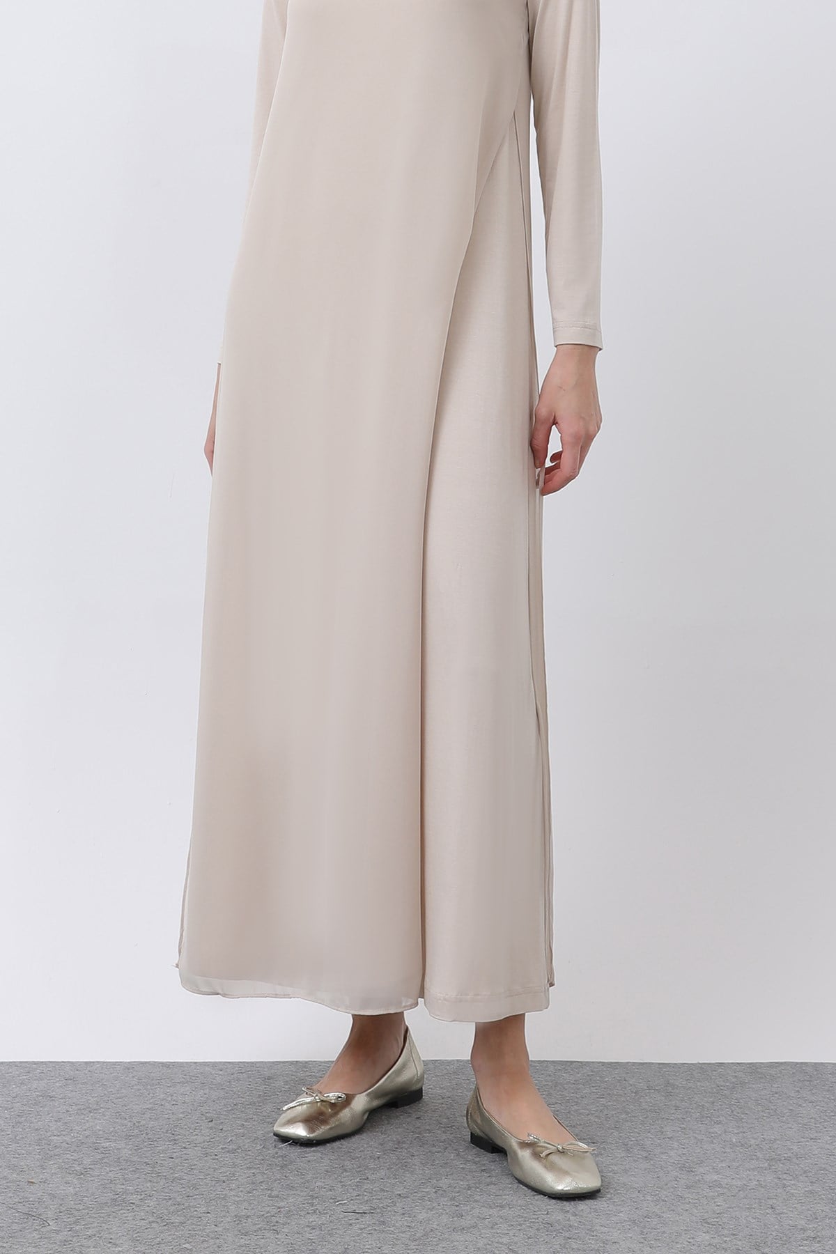 Women's Chiffon Detail Long Dress - Beige