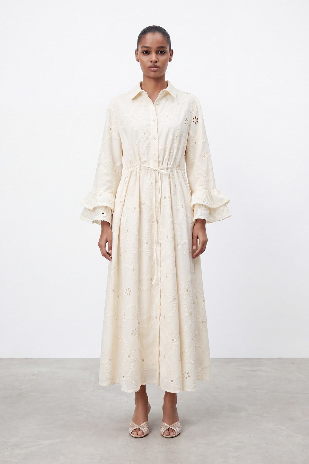 Women's Embroidered Sleeve Detail Long Dress - 32519ELB - Stone
