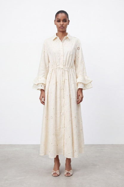Women's Embroidered Sleeve Detail Long Dress - 32519ELB - Stone
