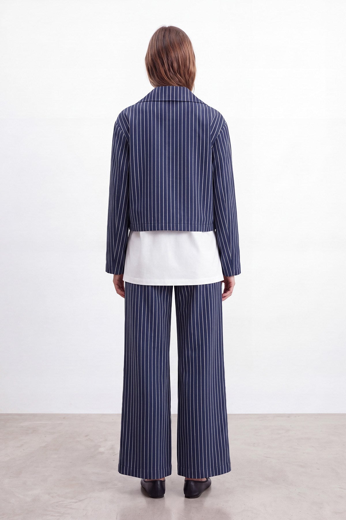 Women's Zip Collar Striped Basic Set - Navy-Ecru