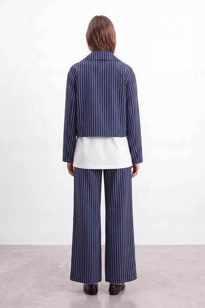 Women's Zip Collar Striped Basic Set - Navy-Ecru