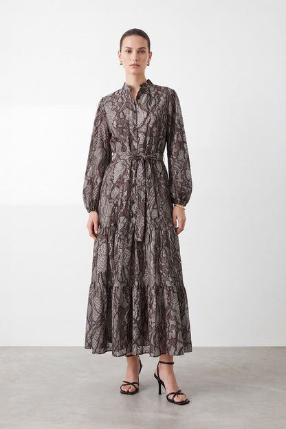 Women's Exotic Print Belted Long Dress - 26S-12685ELB - Brown