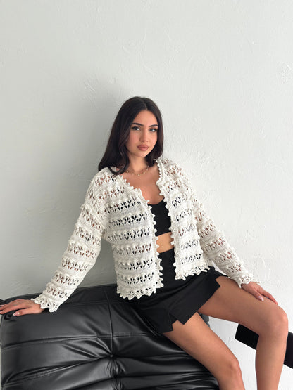 Women's Beige Openwork Seasonal Knit Cardigan with Floral Buttons