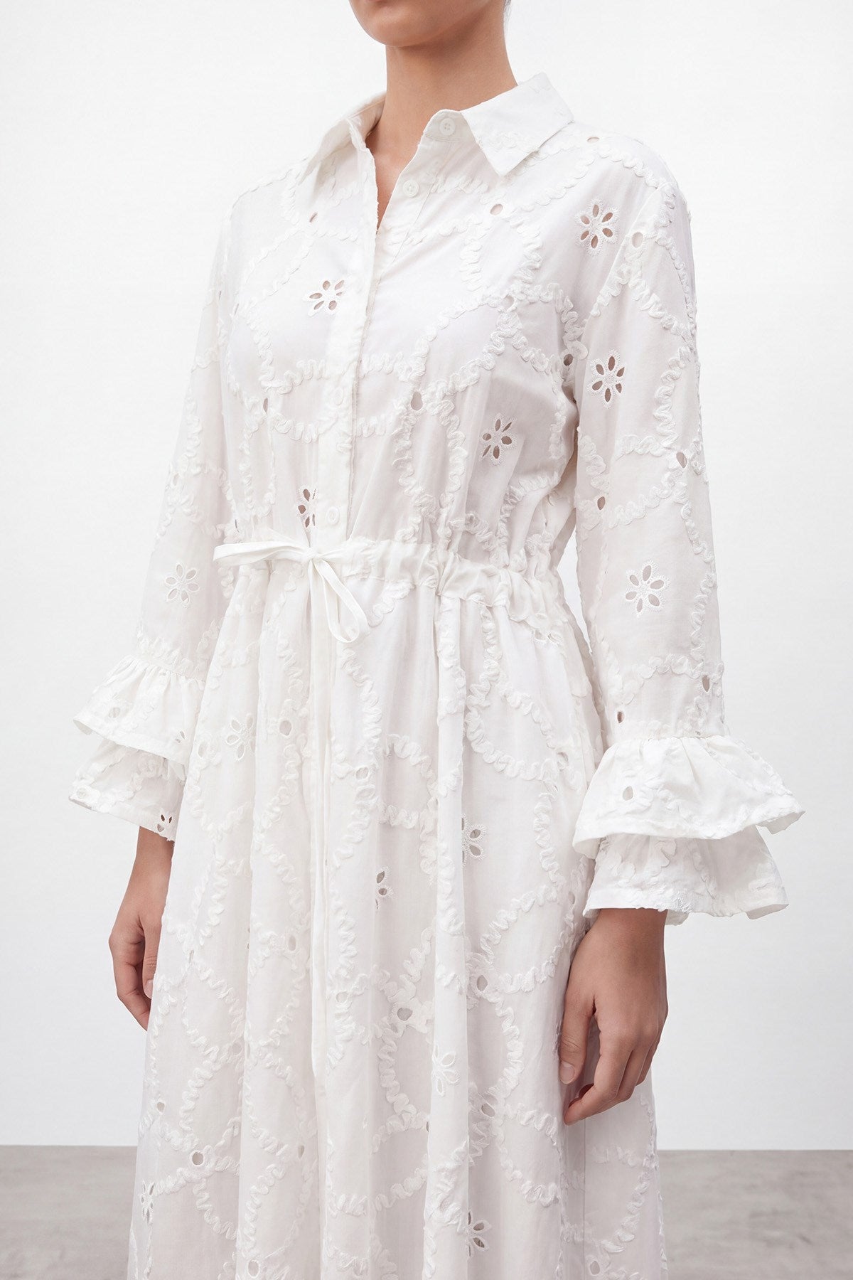 Women's Embroidered Sleeve Detail Long Dress - 32519ELB - Ecru