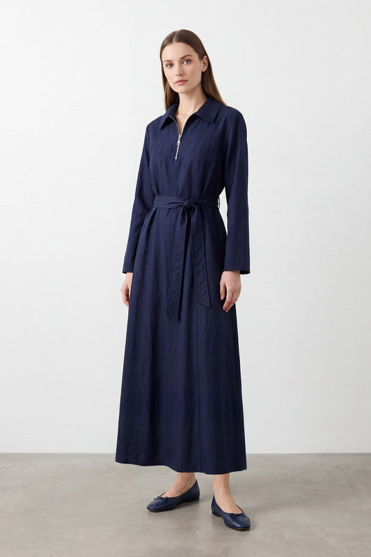 Women's Belted Half-Zip Long Dress