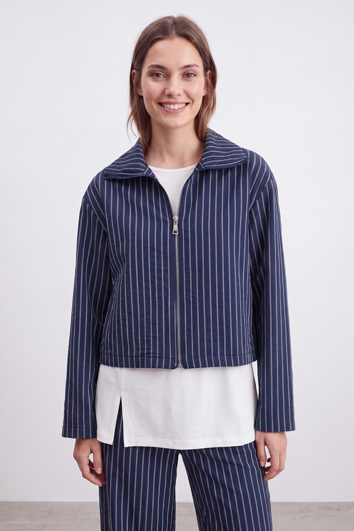 Women's Zip Collar Striped Basic Set