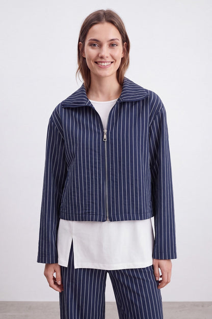 Women's Zip Collar Striped Basic Set