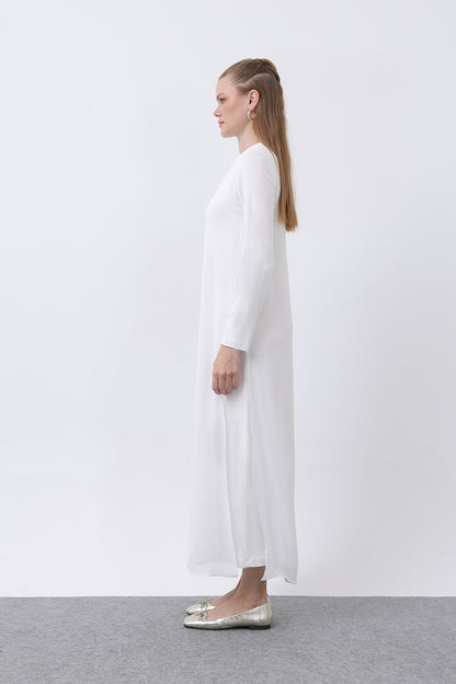 Women's Chiffon Detail Long Dress - Ecru