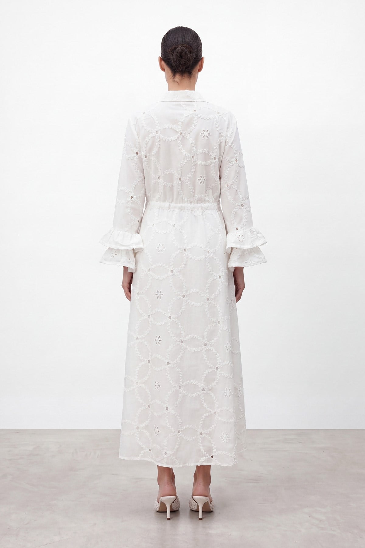 Women's Embroidered Sleeve Detail Long Dress - 32519ELB - Ecru