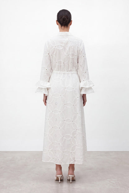 Women's Embroidered Sleeve Detail Long Dress - 32519ELB - Ecru