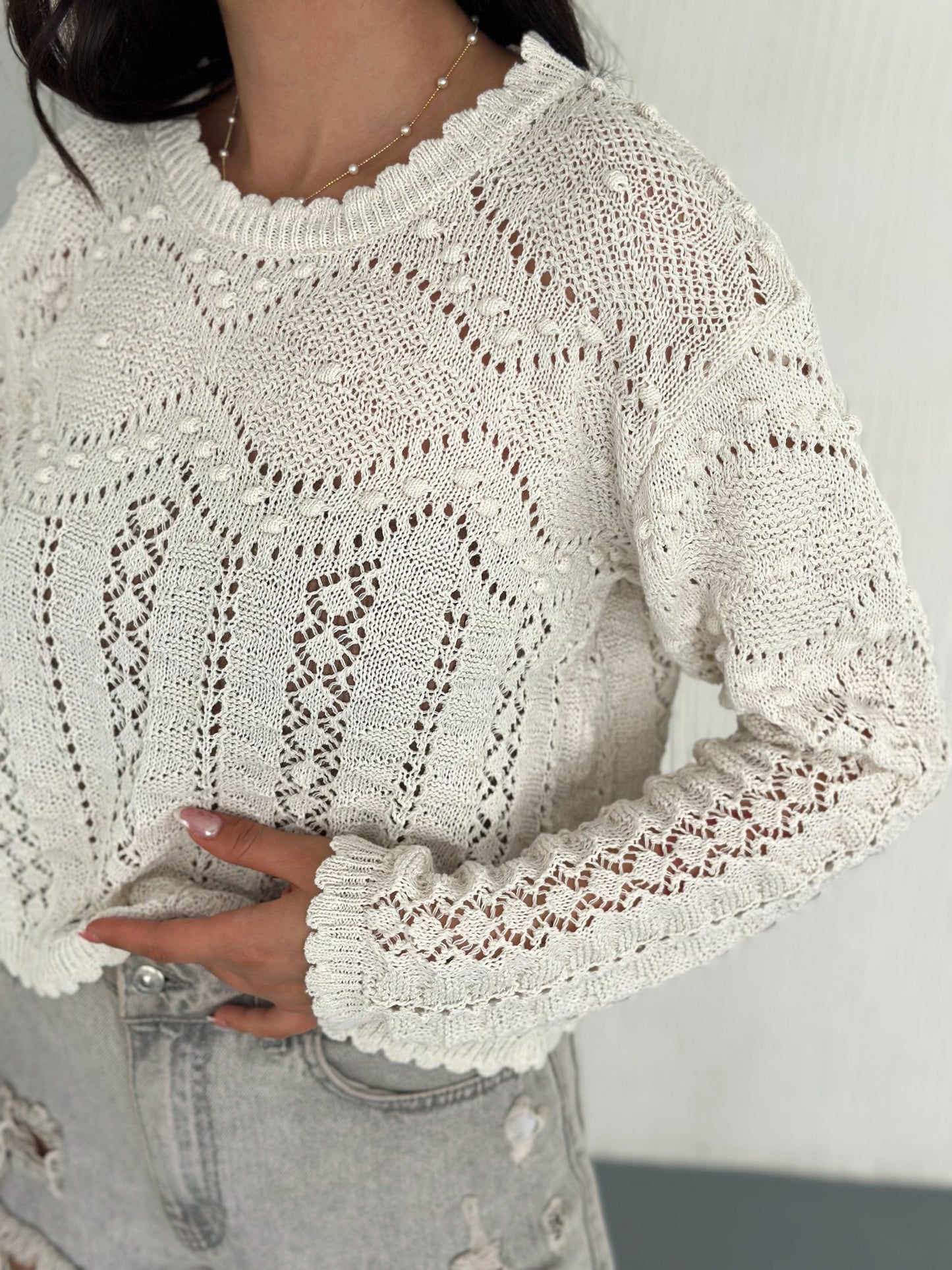 Women's Cream Crew Neck Openwork Sweater with Pom-Pom Design