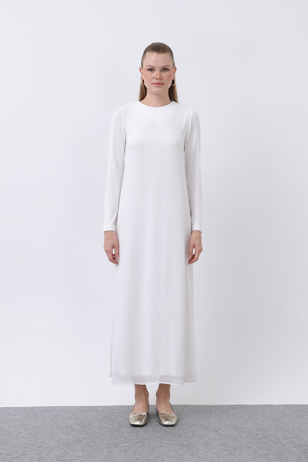 Women's Chiffon Detail Long Dress - Ecru