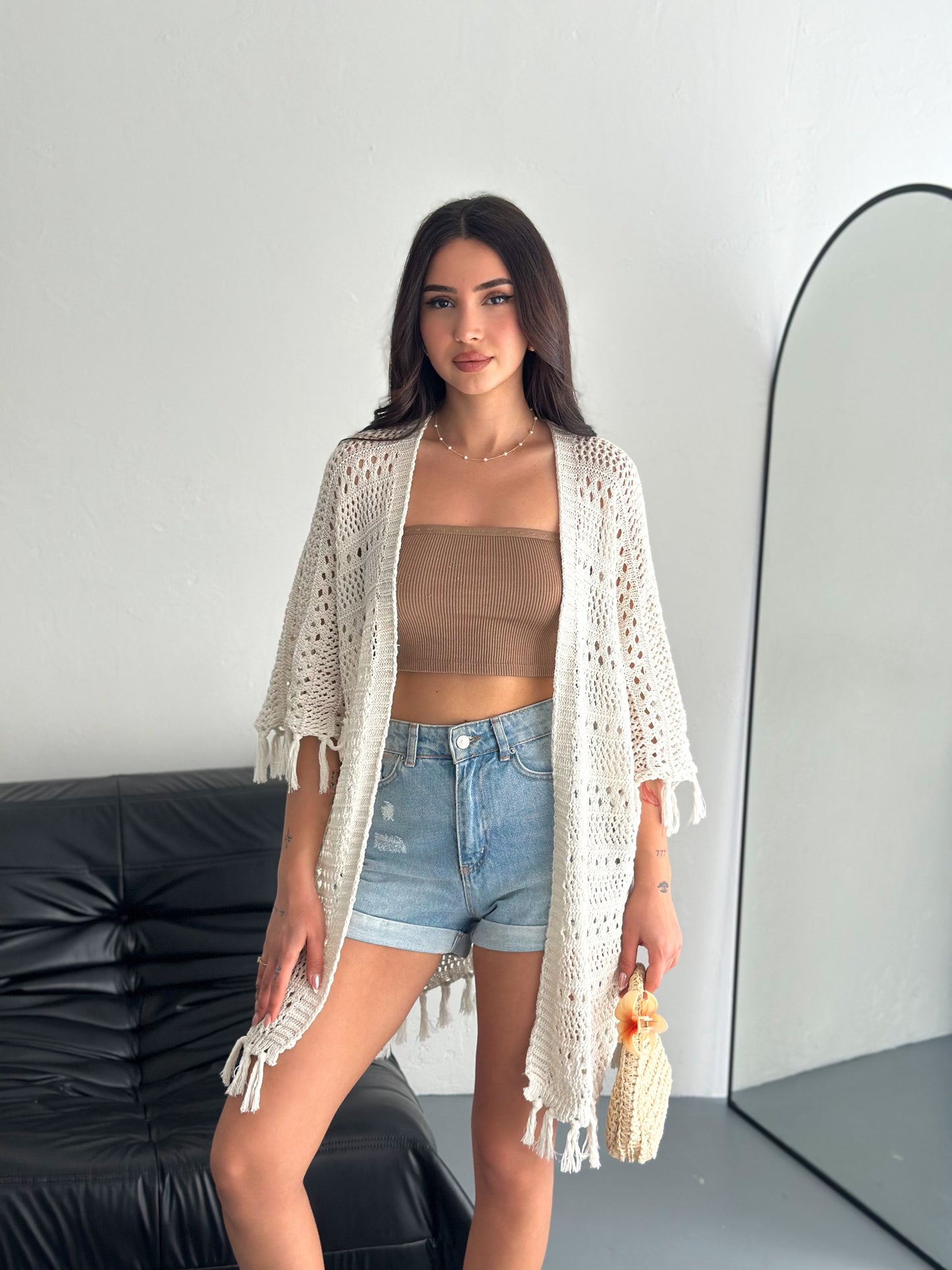 Women's Beige Batwing Sleeve Knit Cardigan Hollow Out Knit Seasonal Cardigan 1485