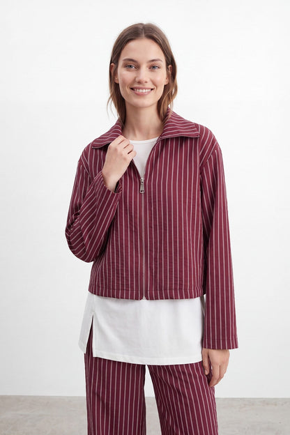 Women's Zip Collar Striped Basic Set - Burgundy-Ecru