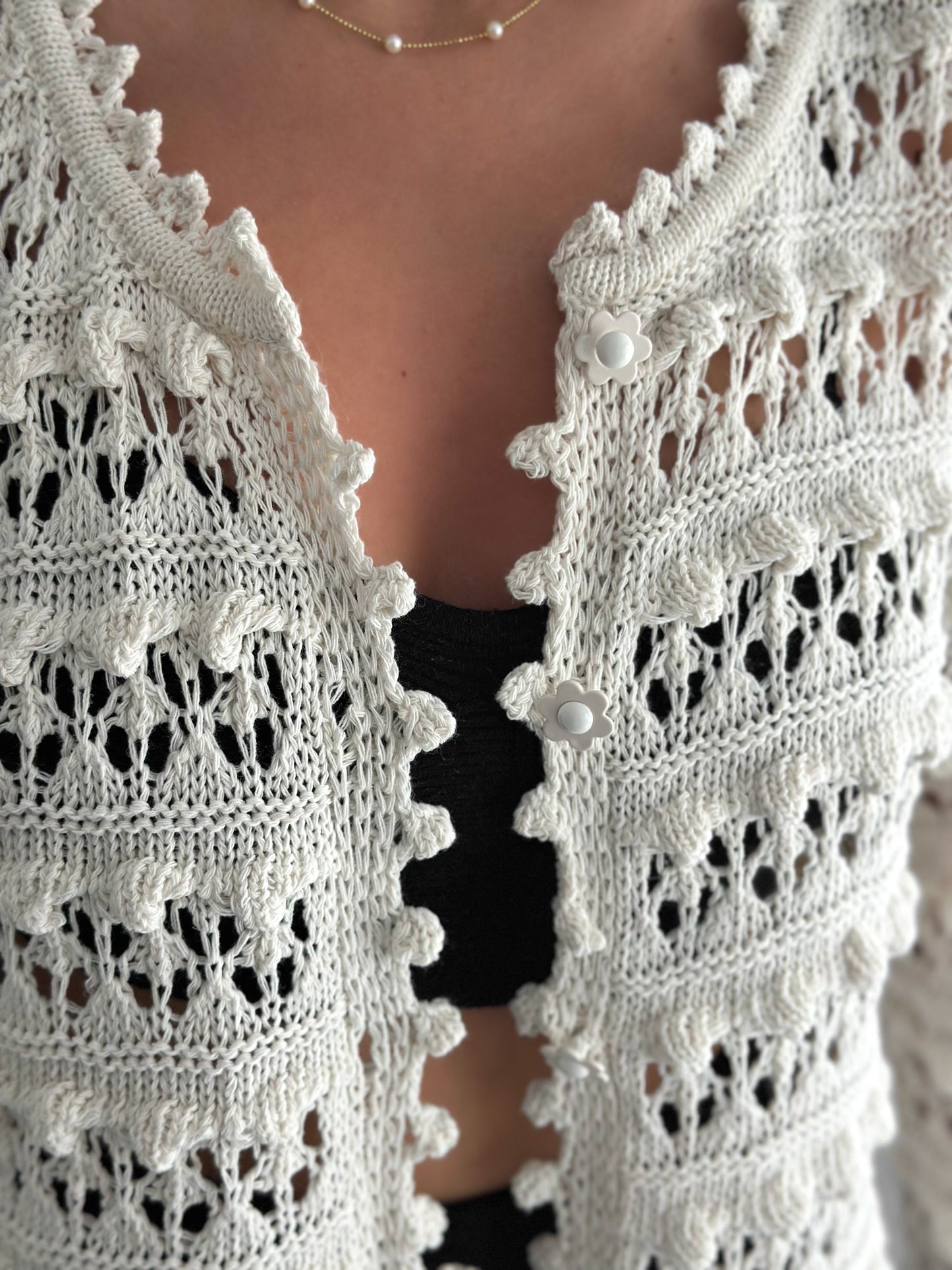 Women's Beige Openwork Seasonal Knit Cardigan with Floral Buttons