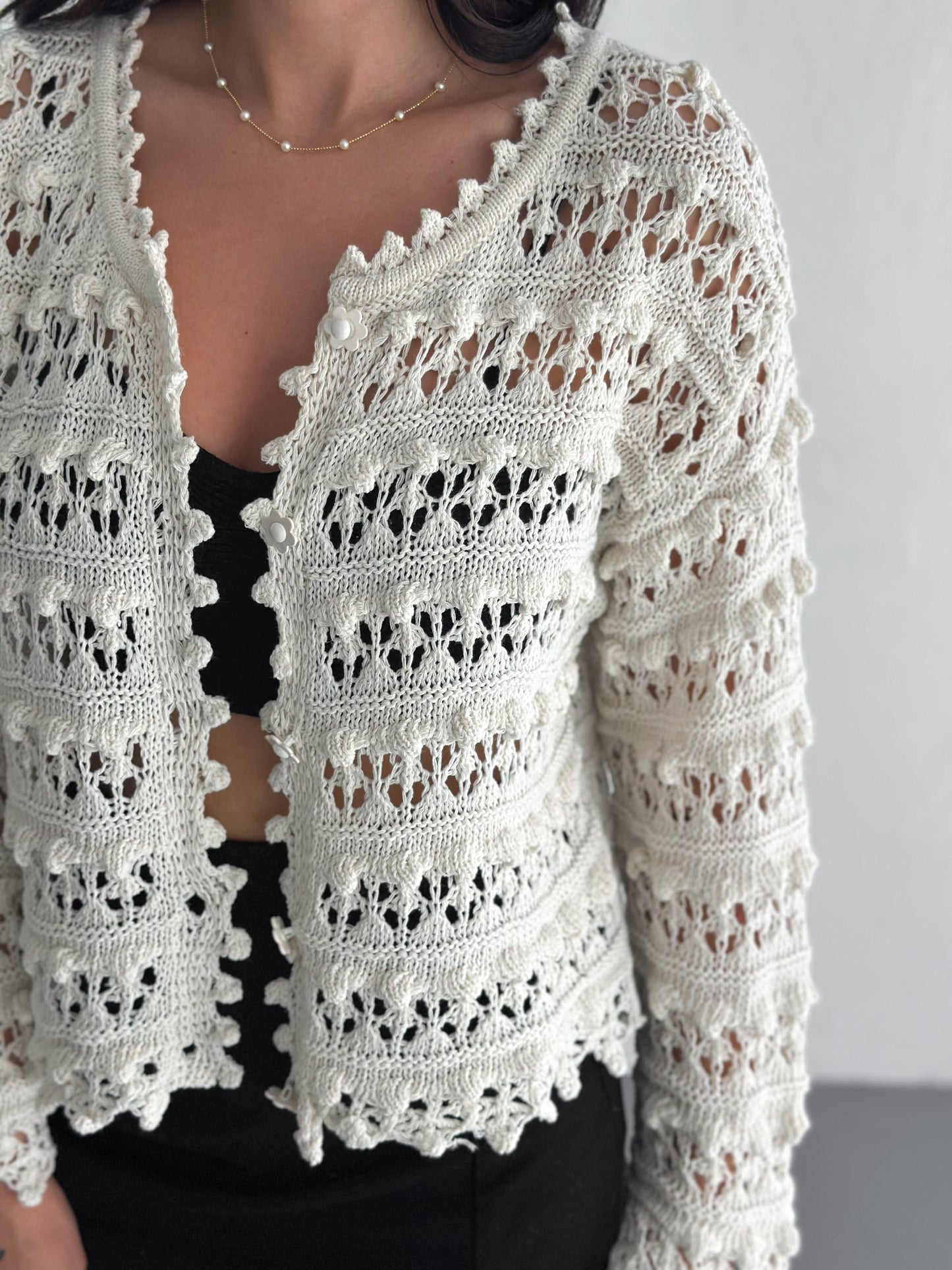 Women's Beige Openwork Seasonal Knit Cardigan with Floral Buttons