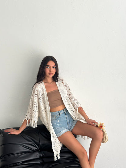 Women's Beige Batwing Sleeve Knit Cardigan Hollow Out Knit Seasonal Cardigan 1485