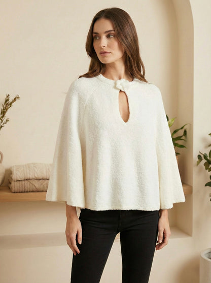 Women's Soft Bouclé Knit Poncho Top White Knit Poncho