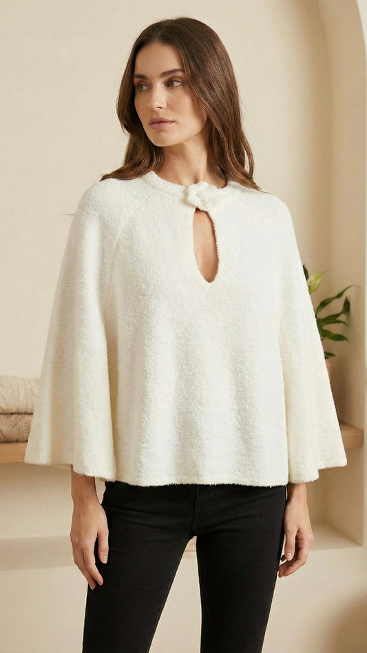 Women's Soft Bouclé Knit Poncho Top White Knit Poncho