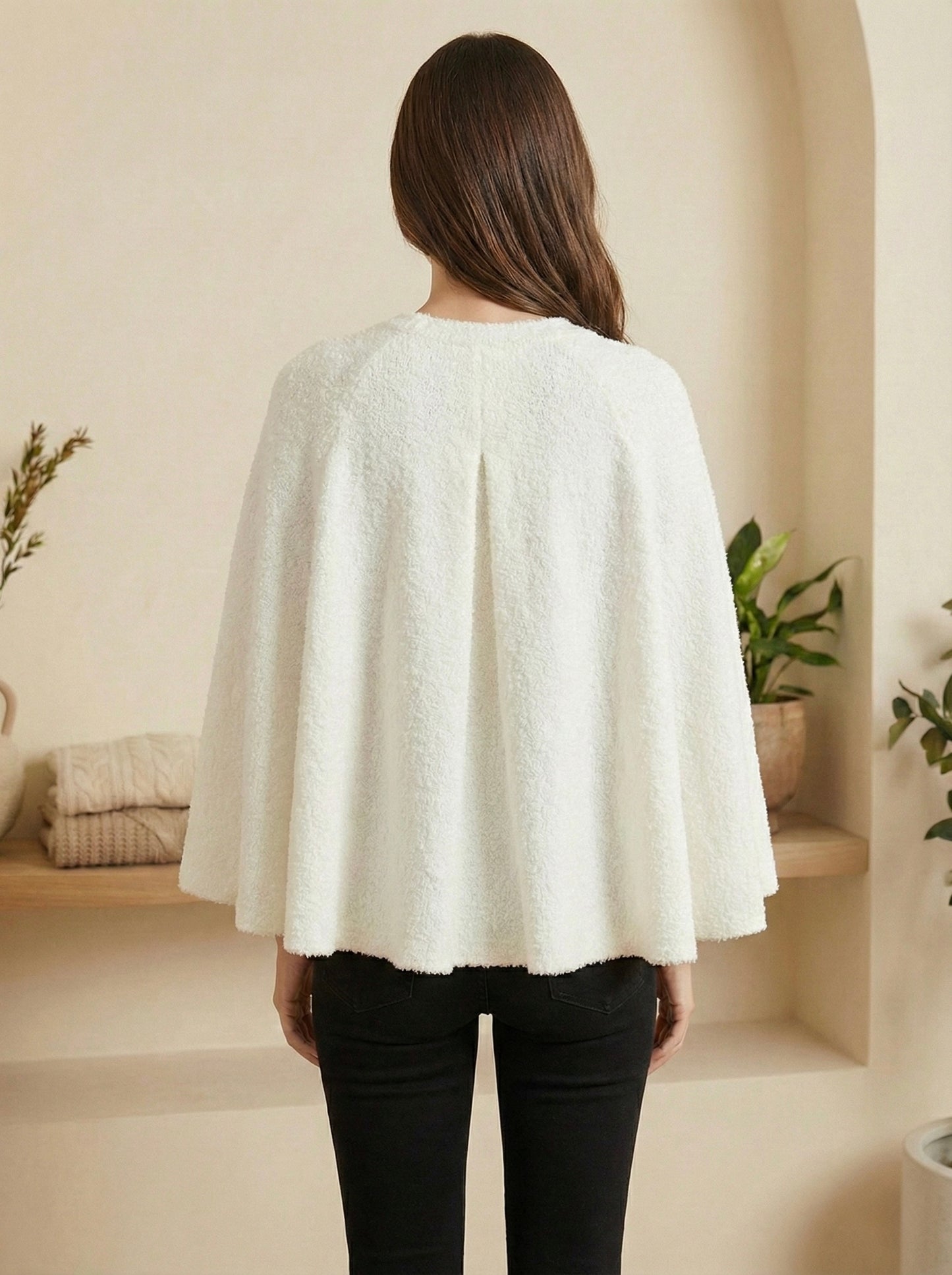 Women's Soft Bouclé Knit Poncho Top White Knit Poncho
