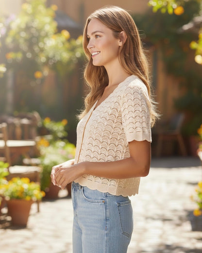 Pointelle Lace Cotton Short Sleeve Cardigan V152